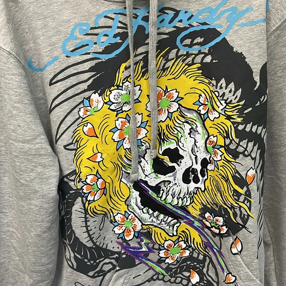 Ed Hardy Hoodie Size L Yellow Hair Skull Heather Grey Pullover Long Sleeve NEW